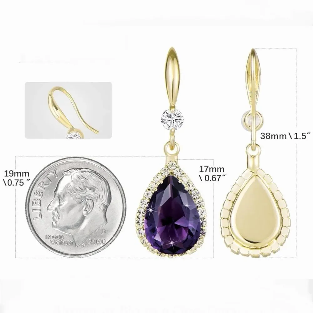 14K Yellow Gold and Purple Amethyst Cubic Zirconia Teardrop Hook Dangle Earrings